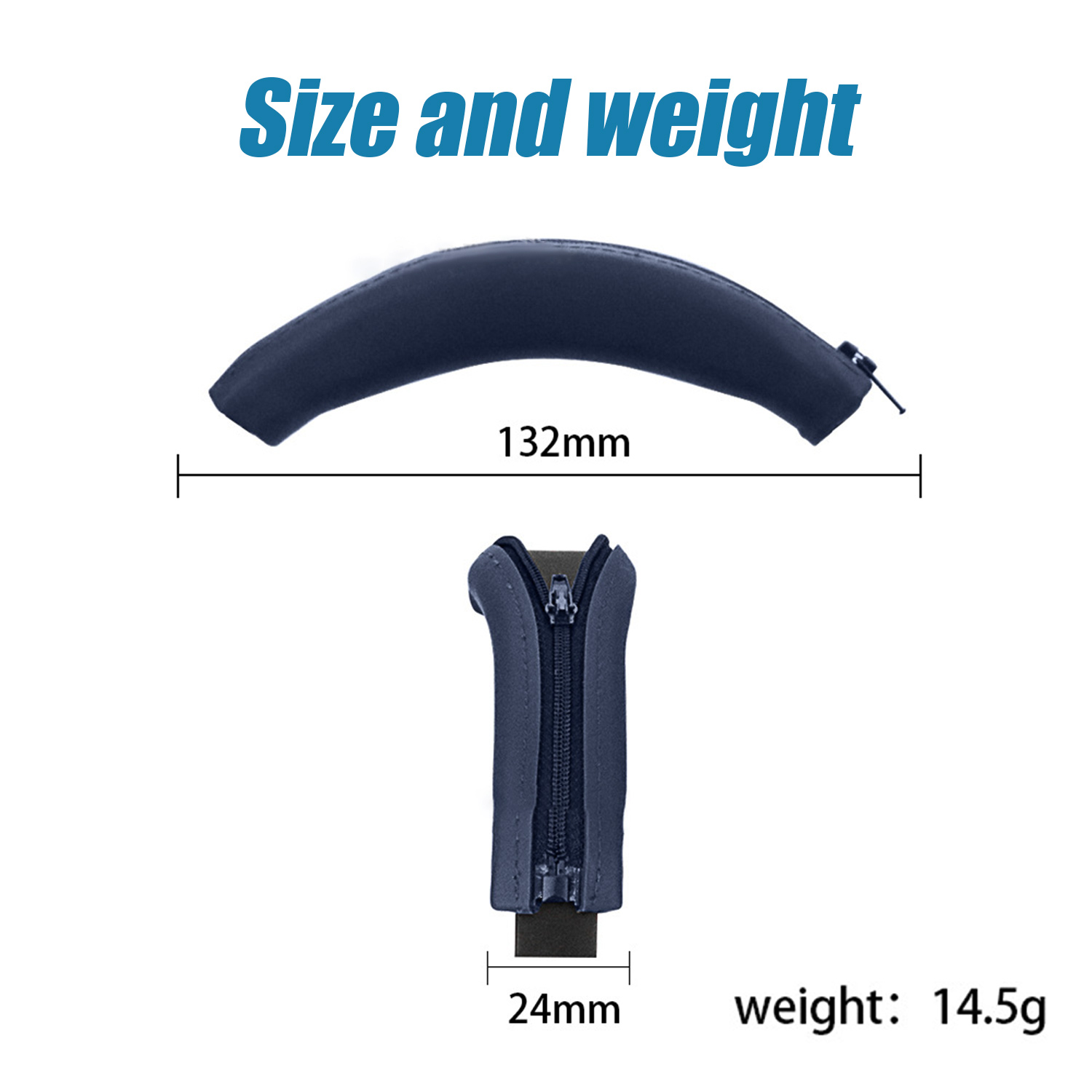 Obraz pokazuje szczegóły dotyczące rozmiaru i wagi ciemnoniebieskiego, wyściełanego przedmiotu. Wymiary: 132 mm, 24 mm. Waga: 14,5 g. Zawiera zamek błyskawiczny.