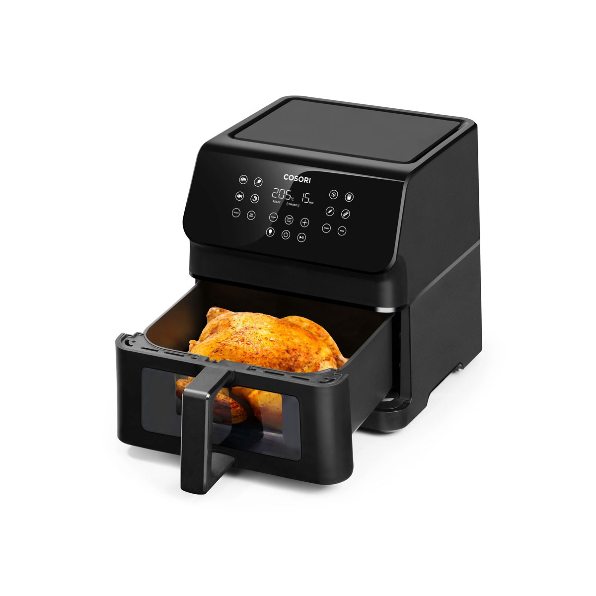 Een zwarte Cosori airfryer met een gekookte kip erin. Het display toont temperatuur- en tijdinstellingen. Op een witte achtergrond.
