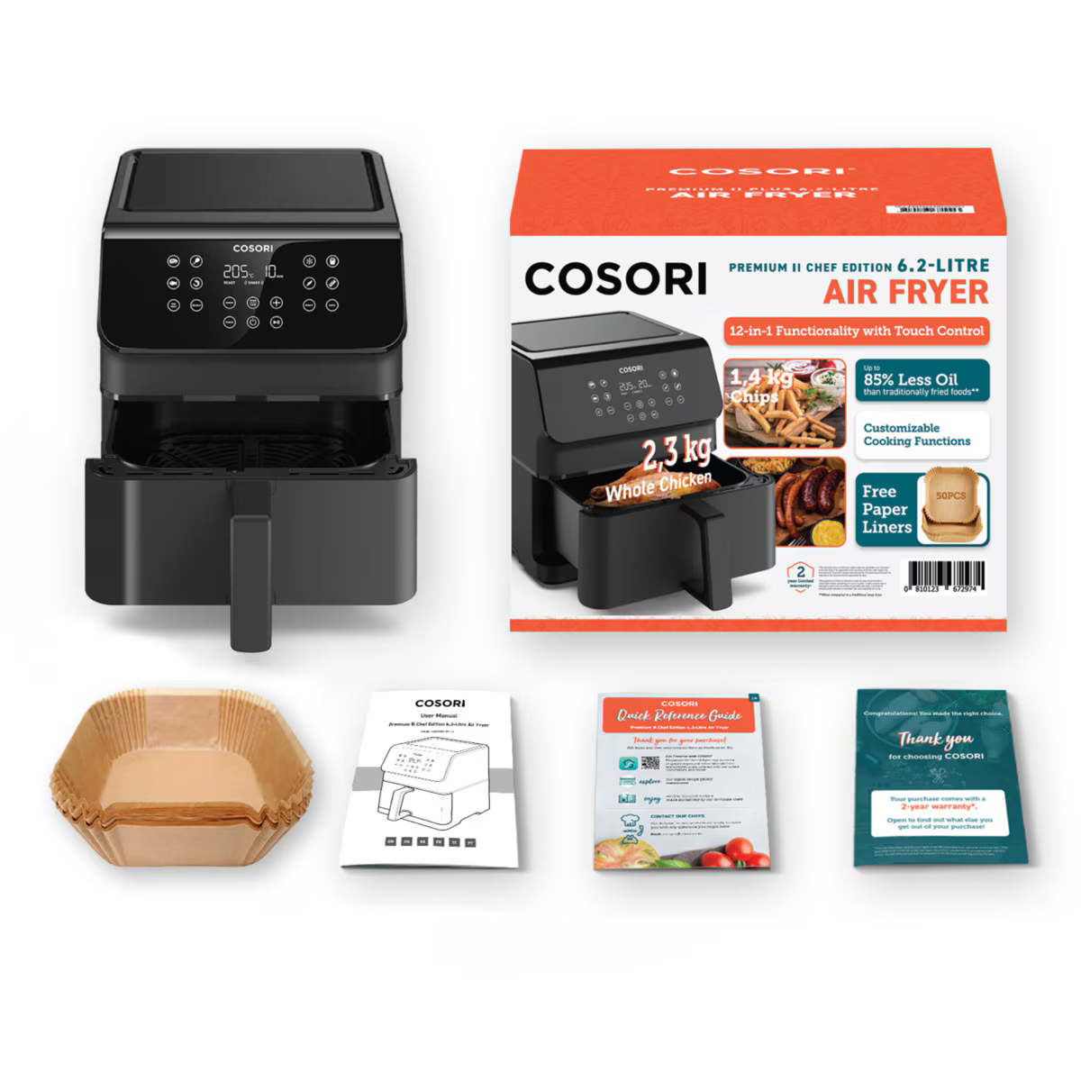 Zwarte airfryer met accessoires, waaronder een doos en handleidingen. De doos benadrukt functies en het merk COSORI.