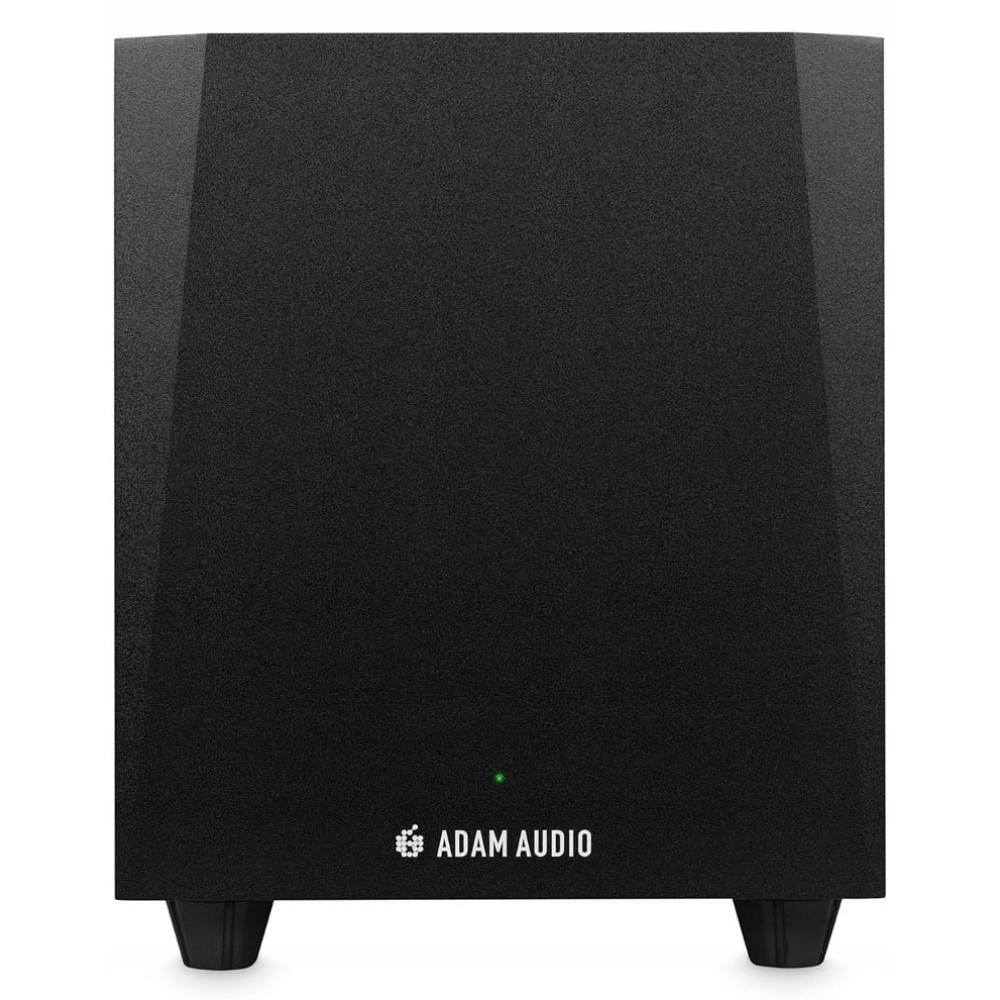 Czarny subwoofer z logo Adam Audio. Ma zielone światło i cztery małe nóżki.