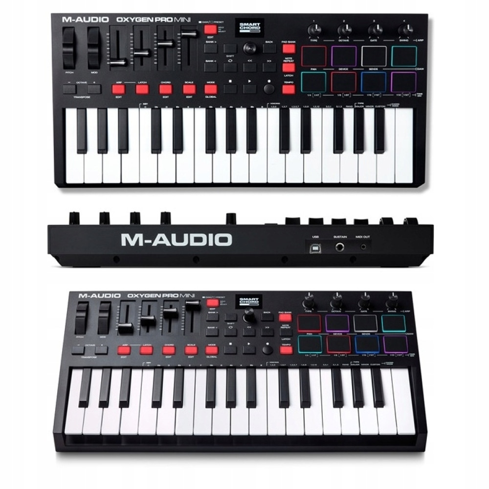Trzy widoki czarnej klawiatury M-Audio Oxygen Pro Mini. Zawiera klawisze, pokrętła, pady i widok z boku z logo M-Audio.
