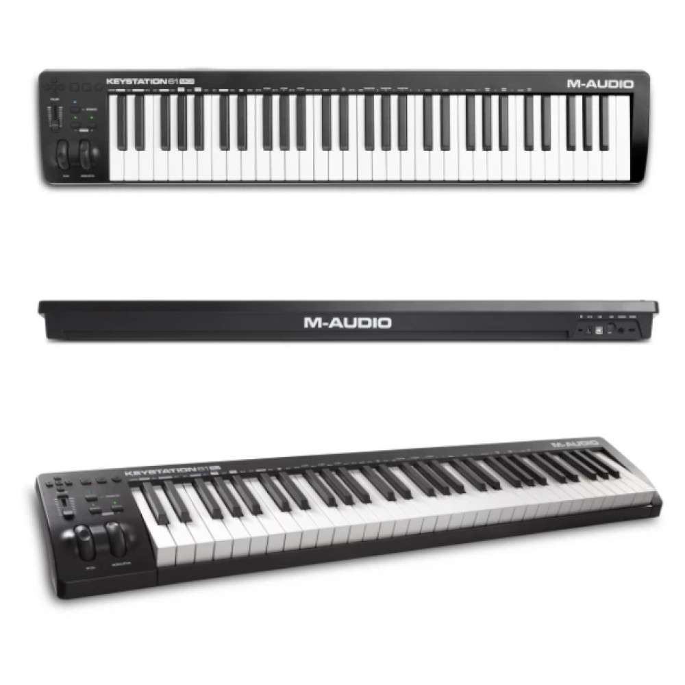 Trzy widoki czarnej klawiatury M-Audio Keystation 61. Zawiera widoki z góry, z przodu i pod kątem, pokazujące klawisze i elementy sterujące.