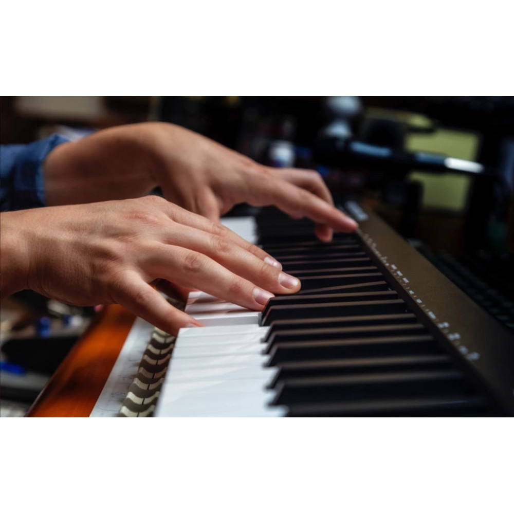 Ręce grają na klawiaturze. Palce naciskają klawisze. Widoczne czarno-białe klawisze. Tło jest rozmyte.