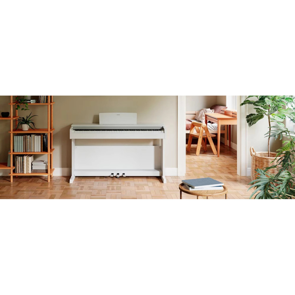 Biały fortepian stoi w pokoju z drewnianą podłogą. Półka na książki i rośliny są po lewej stronie. Widoczny jest stół i krzesło.