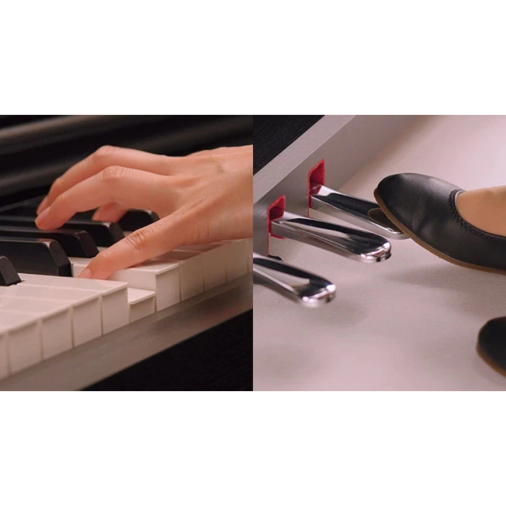 Dłoń gra na klawiszach fortepianu po lewej stronie. Po prawej stopa naciska pedały.