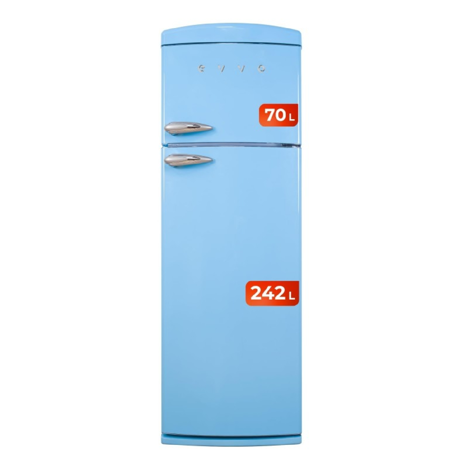 Un refrigerador retro azul claro con dos puertas y manijas cromadas. Tiene una pegatina de 70L arriba y una de 242L abajo.