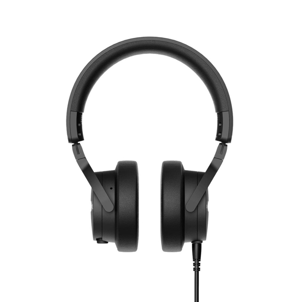 Auriculares negros sobre fondo blanco, mostrando diadema y auriculares conectados por brazos, con cable negro.