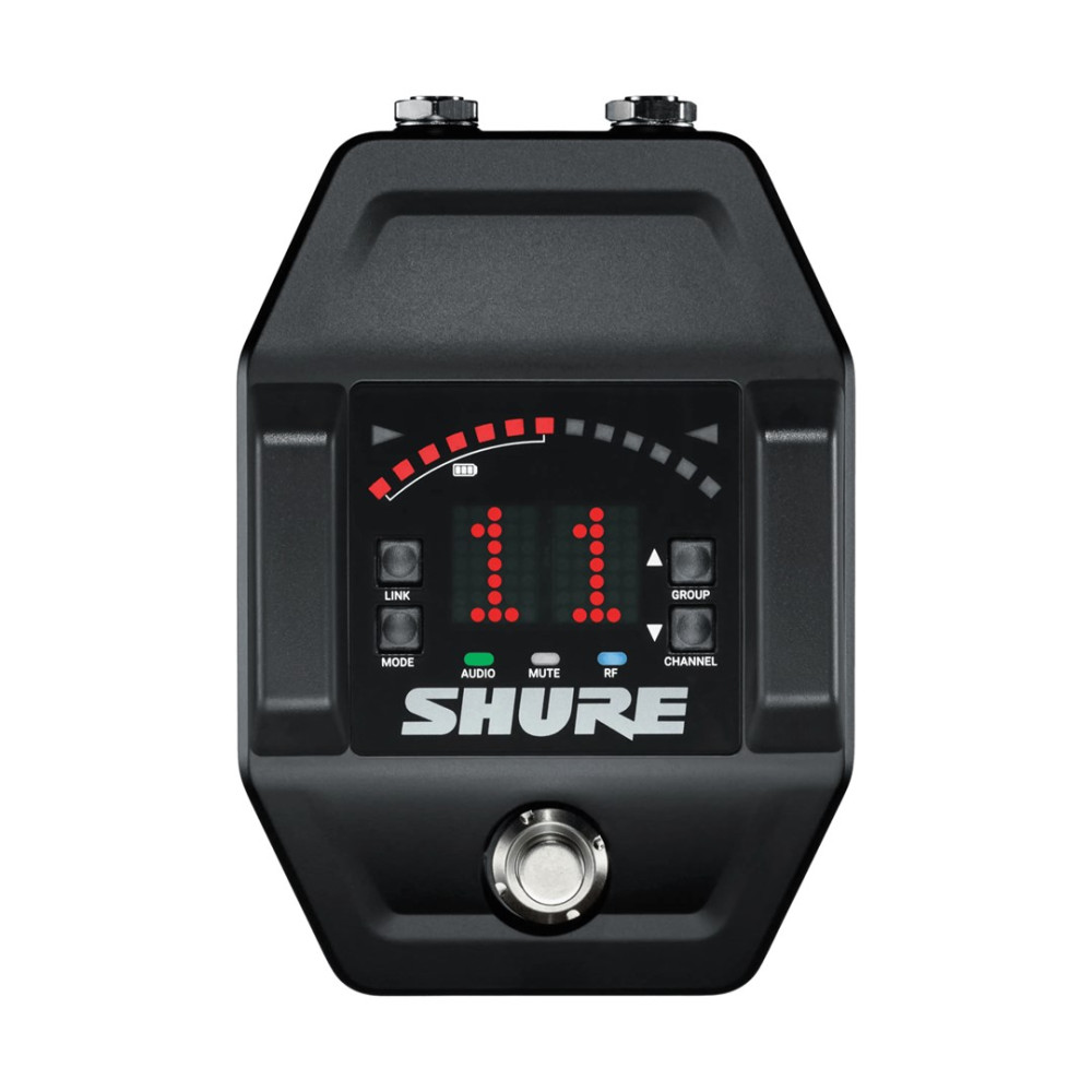 Czarne urządzenie Shure z cyfrowym wyświetlaczem '11'. Przyciski: Link, Mode, Audio, Mute, RF, Group, Channel. Srebrne pokrętło na dole.