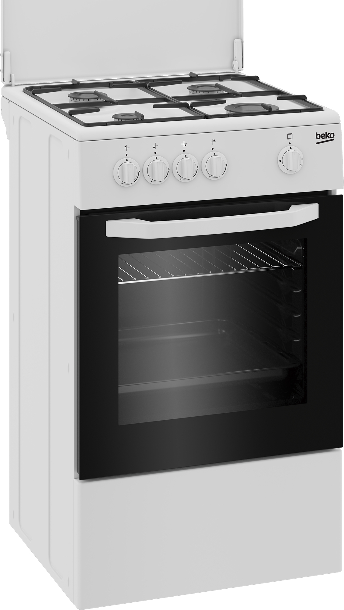 Un fornello a gas Beko bianco con quattro fuochi, manopole e una porta del forno nera.