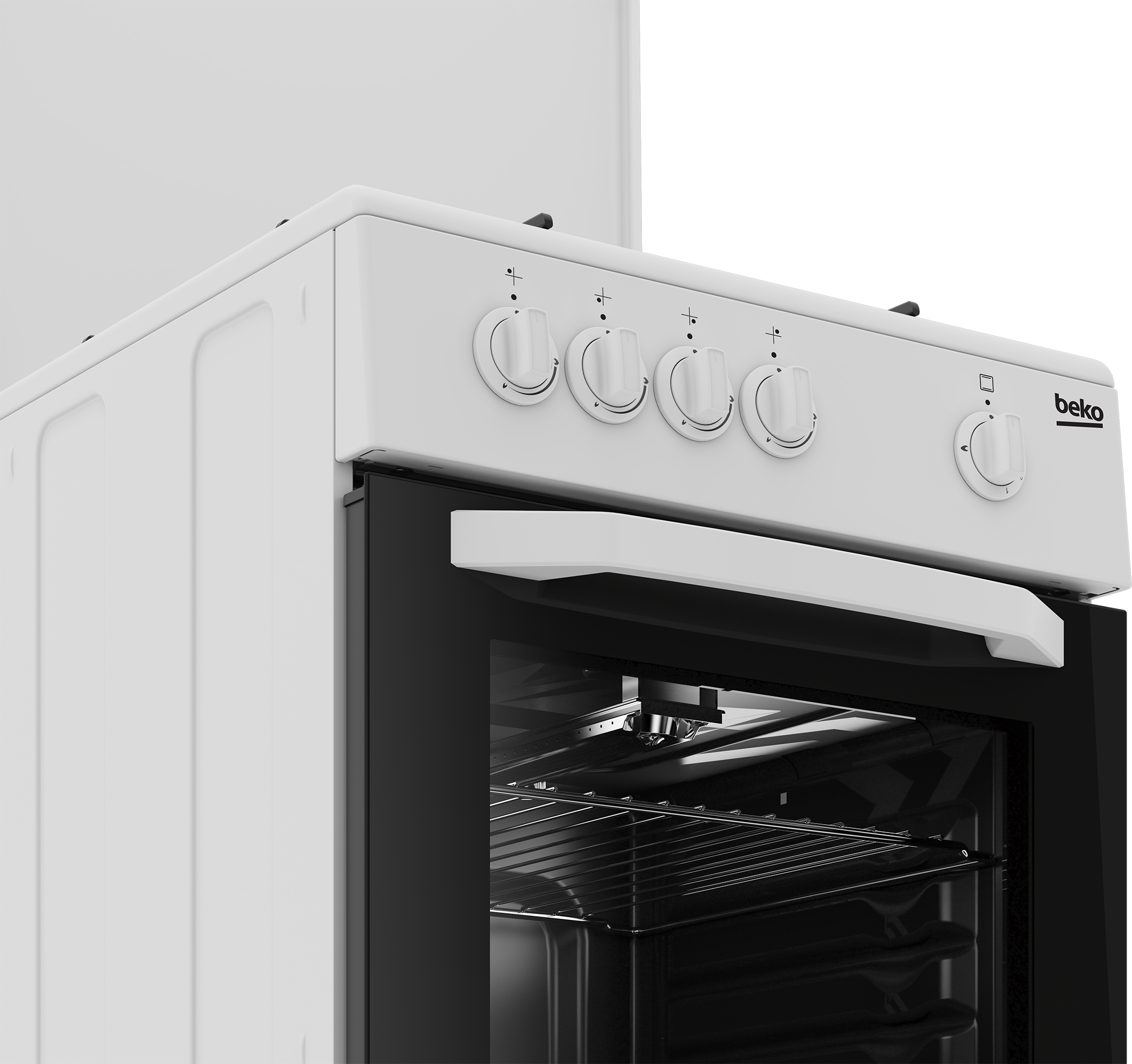 Forno Beko bianco, comandi superiori, porta a vetro aperta, mostrando l'interno. Manopole e maniglia presenti. Design pulito.