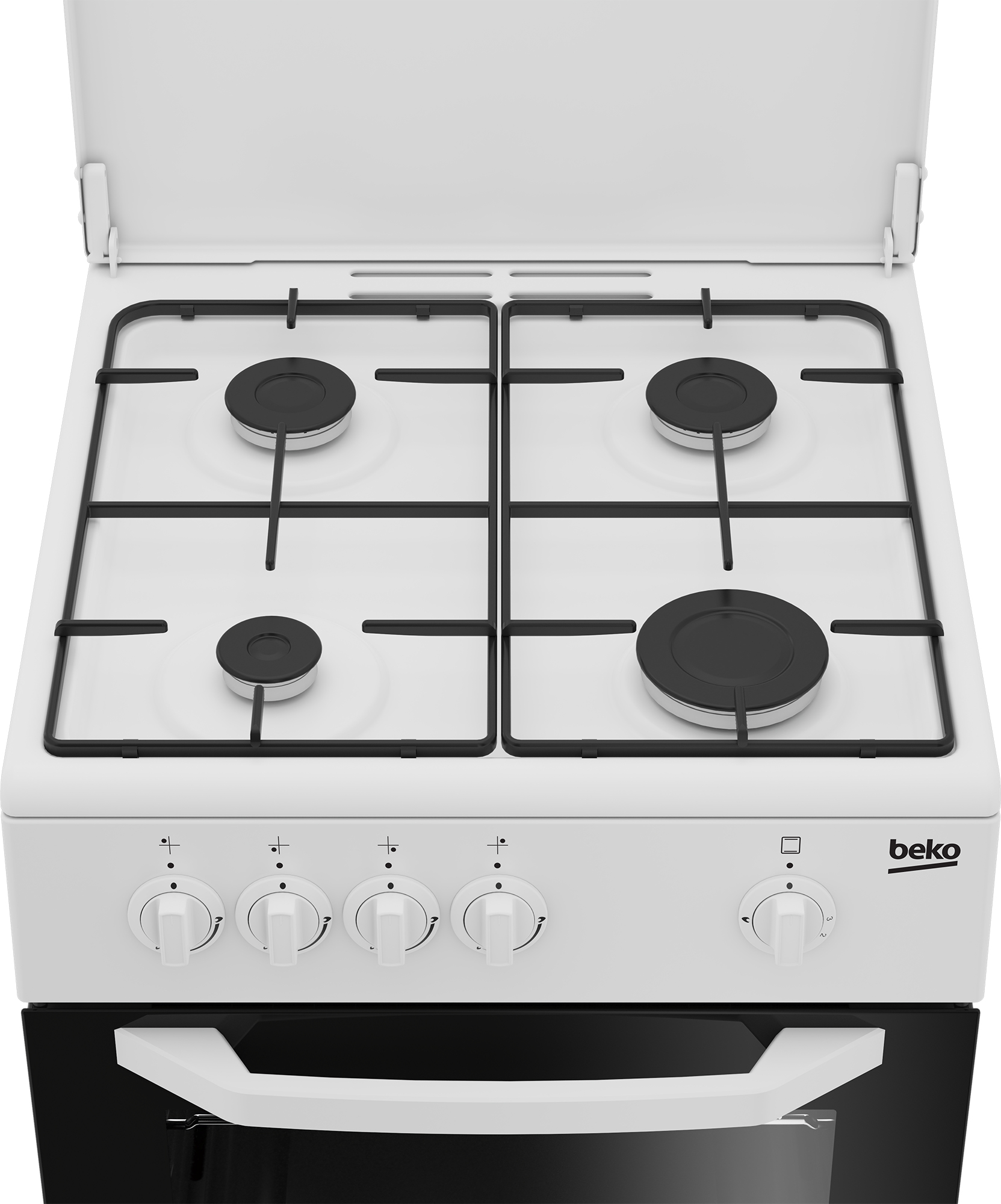 Un fornello a gas bianco con quattro bruciatori neri. Ha un coperchio superiore bianco e una porta del forno nera con maniglia bianca.