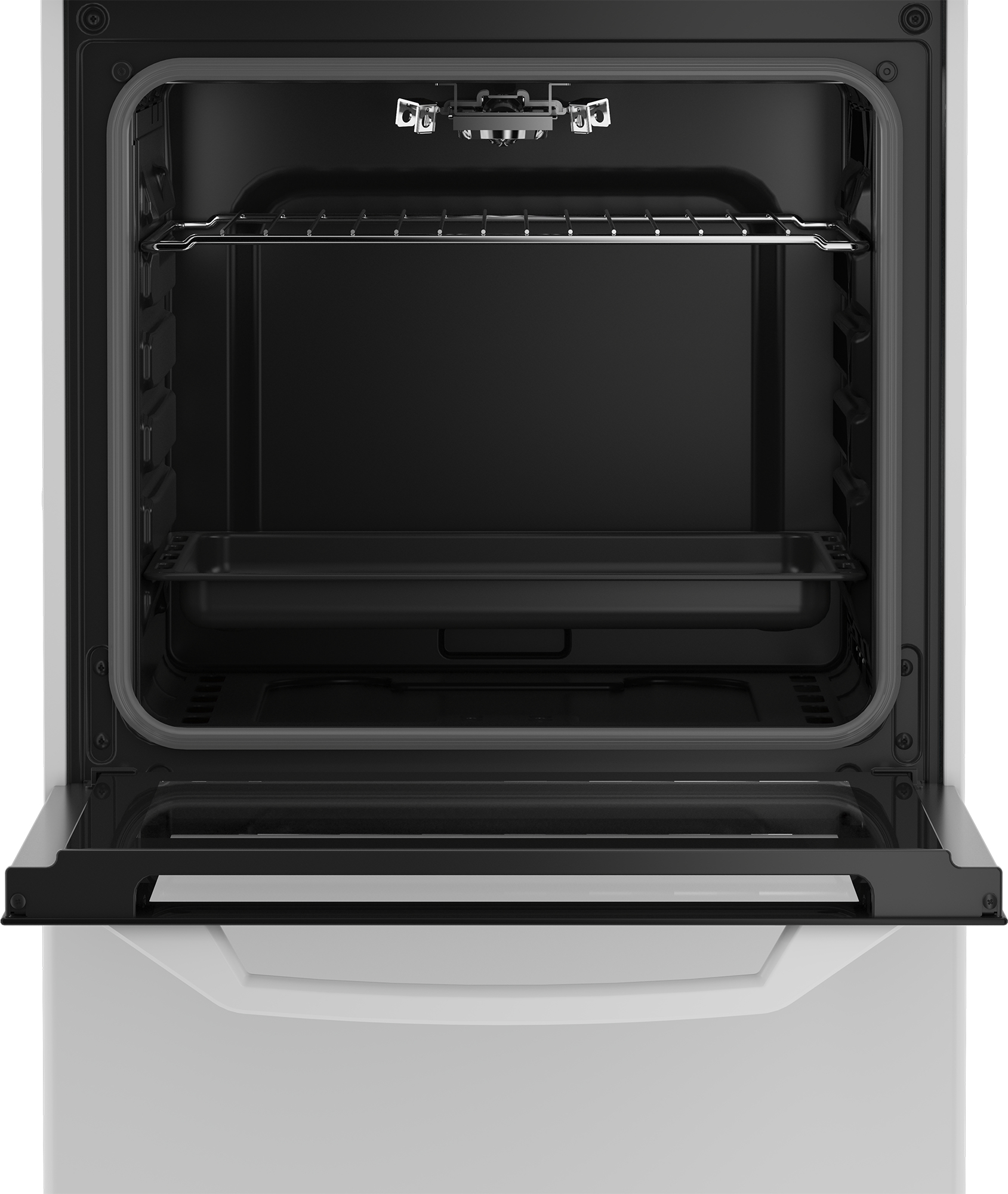 Un forno aperto. All'interno, una griglia e un vassoio. La porta è aperta. Il forno è bianco e nero.