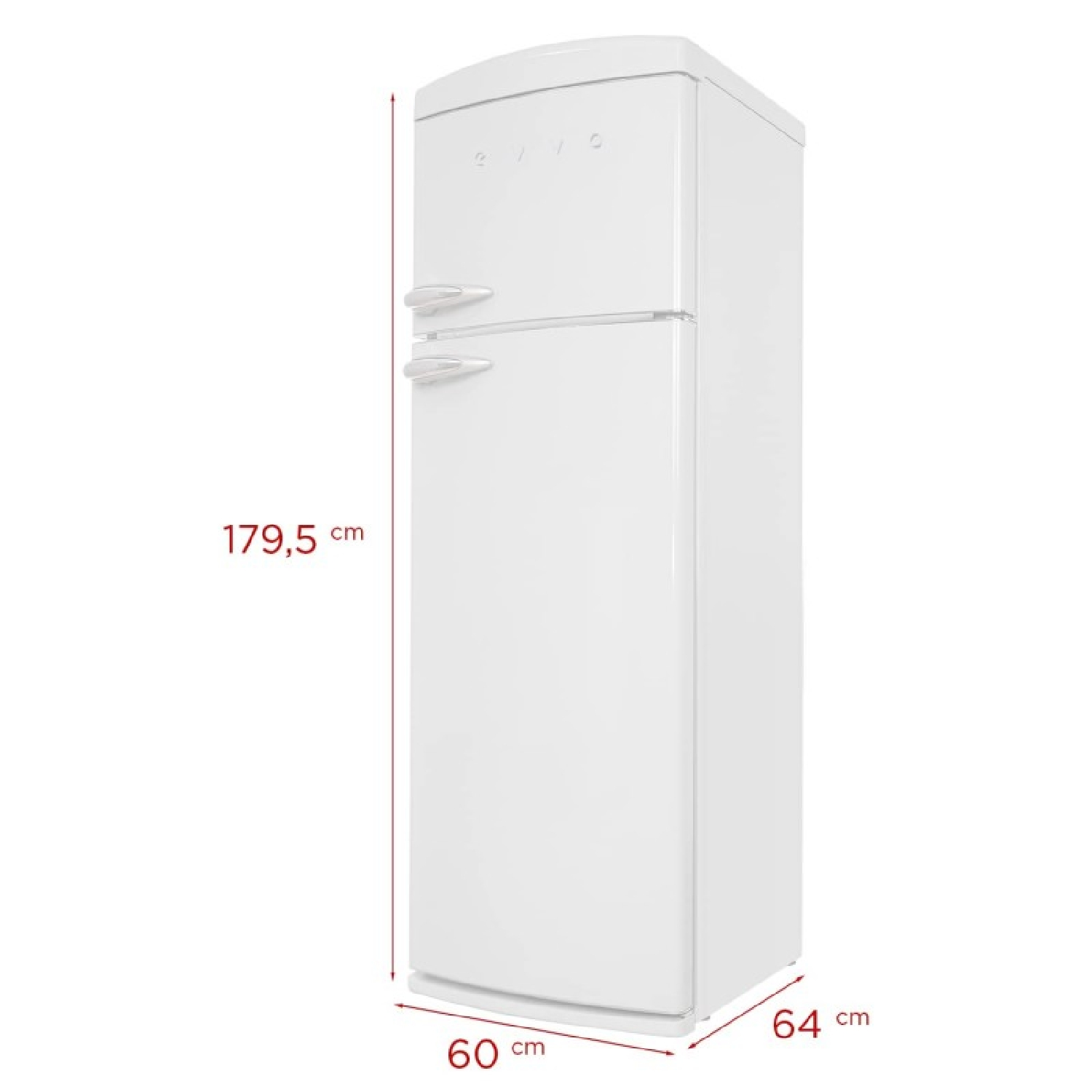 Un refrigerador blanco con dos puertas y tiradores plateados. Dimensiones: 179,5 cm alto, 60 cm ancho y 64 cm profundidad.