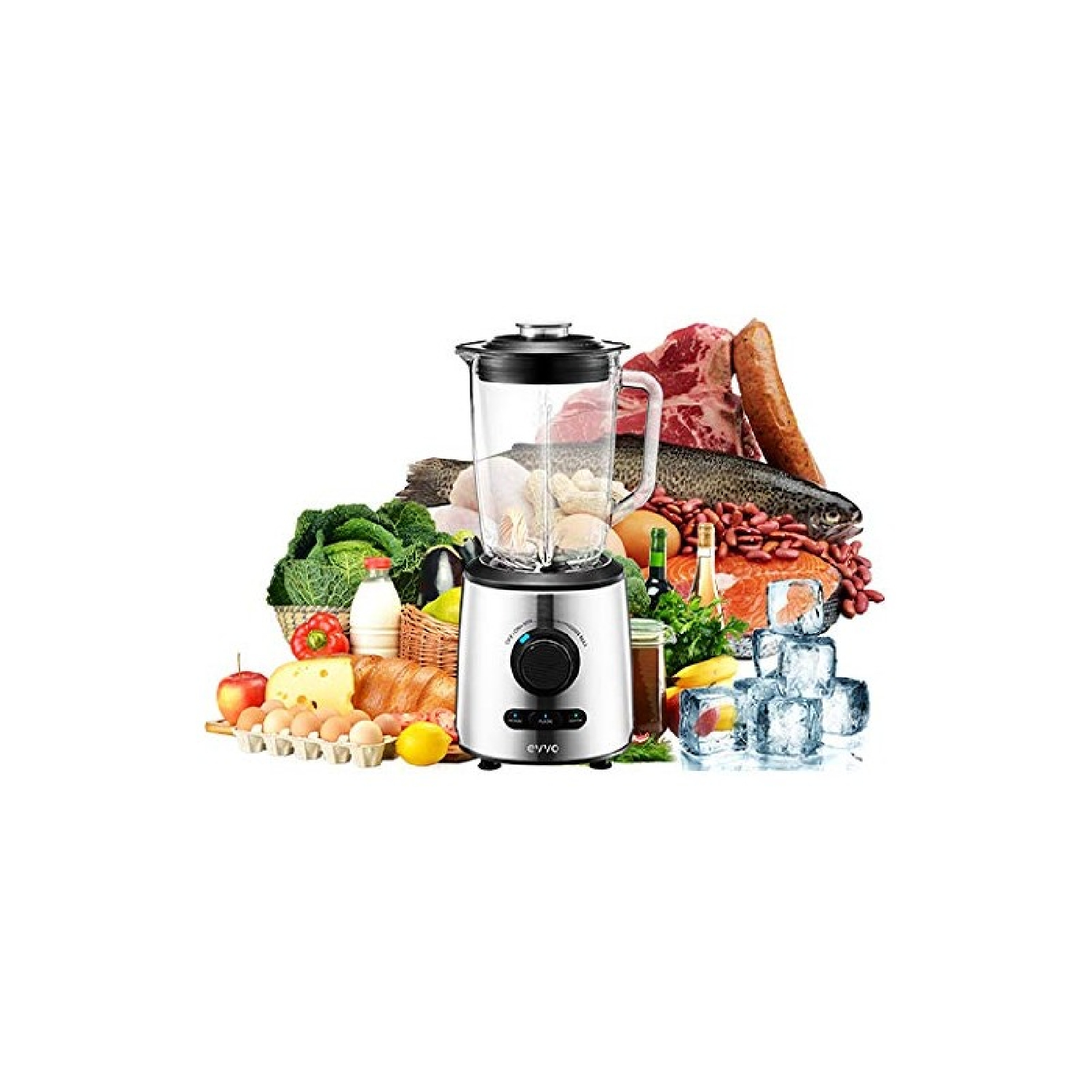 Un frullatore è davanti a vari alimenti: carne, pesce, verdure, frutta, uova e cubetti di ghiaccio, suggerendo la preparazione del cibo.