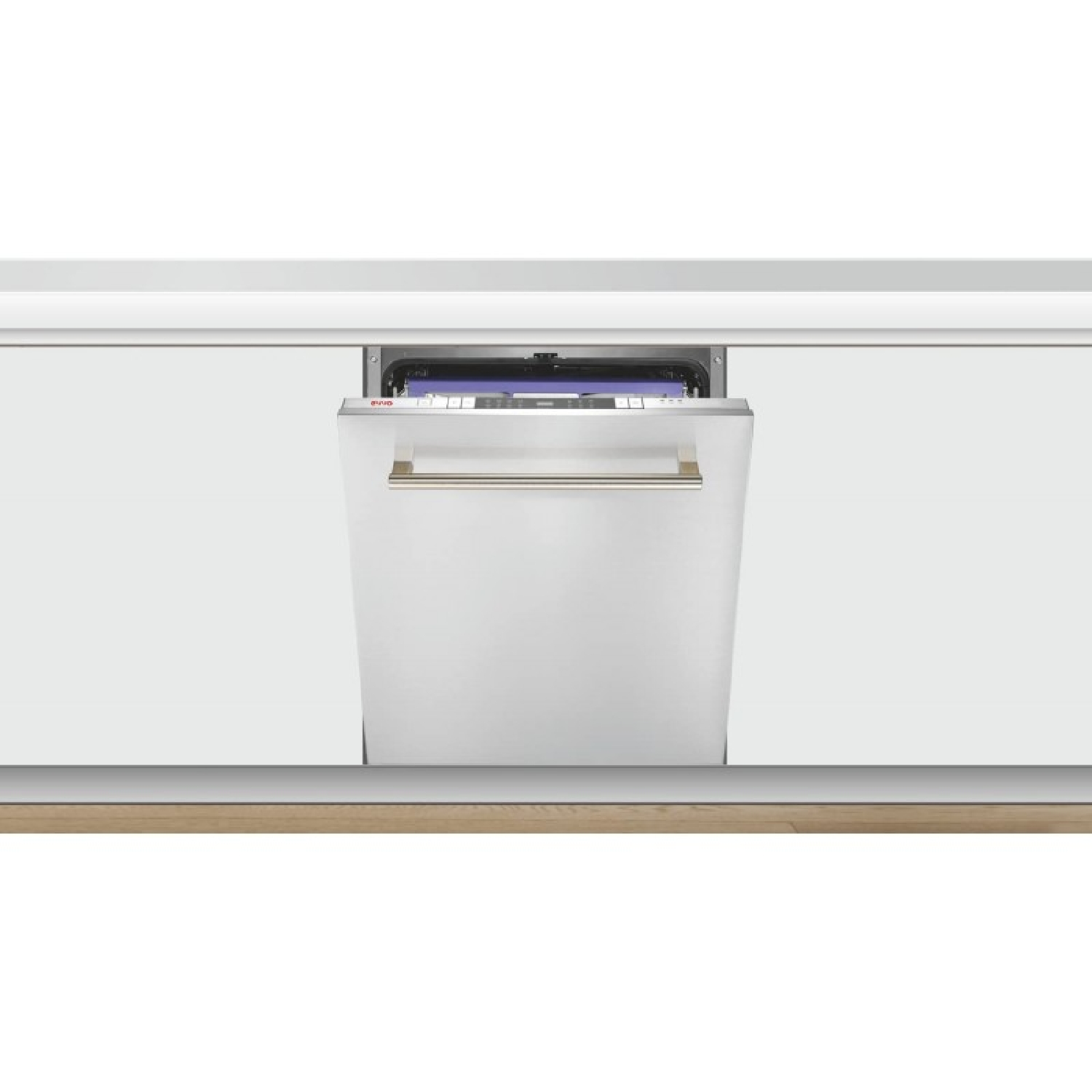 Un lavavajillas blanco está abierto, revelando el interior. Está instalado en un armario de cocina blanco, con suelo de madera.