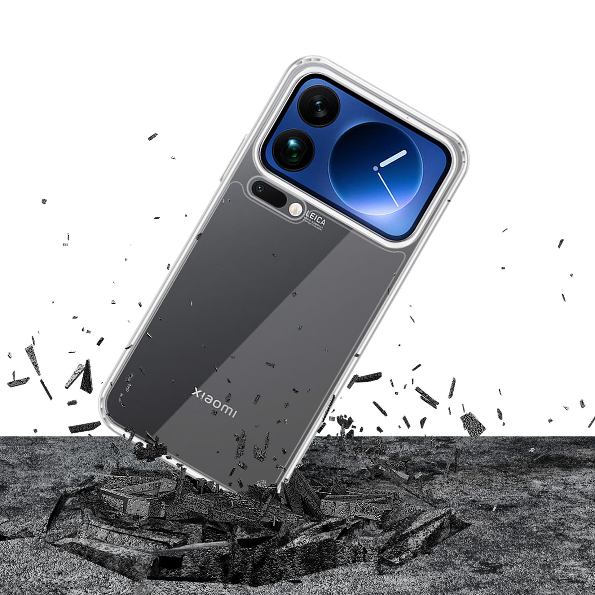 Telefon w etui wydaje się rozbijać powierzchnię. Odłamki są rozrzucone wokół telefonu. Telefon ma aparat Leica.