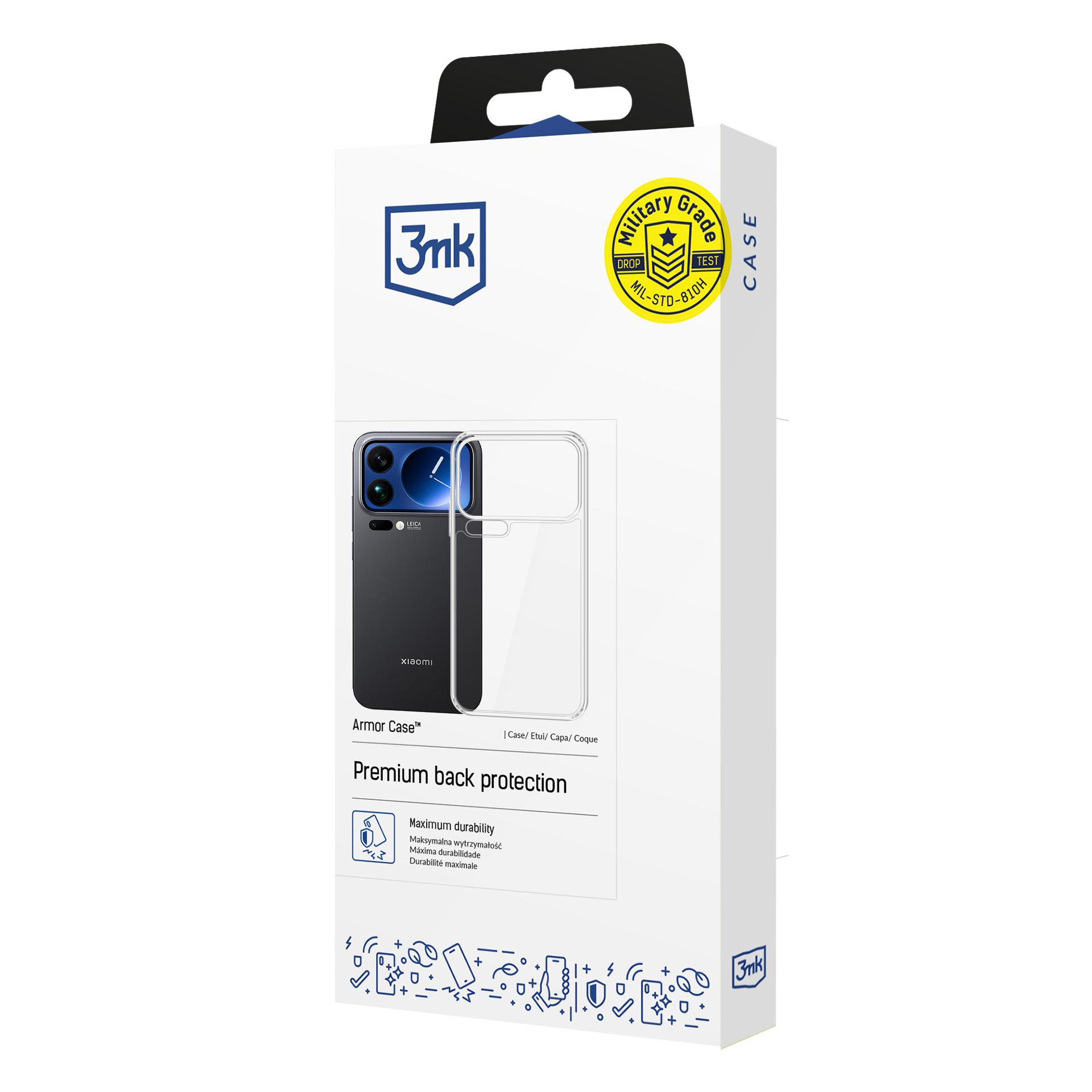 Pudełko na etui na telefon ze zdjęciem telefonu. Zawiera szczegóły produktu, etykietę klasy wojskowej i logo 3mk.