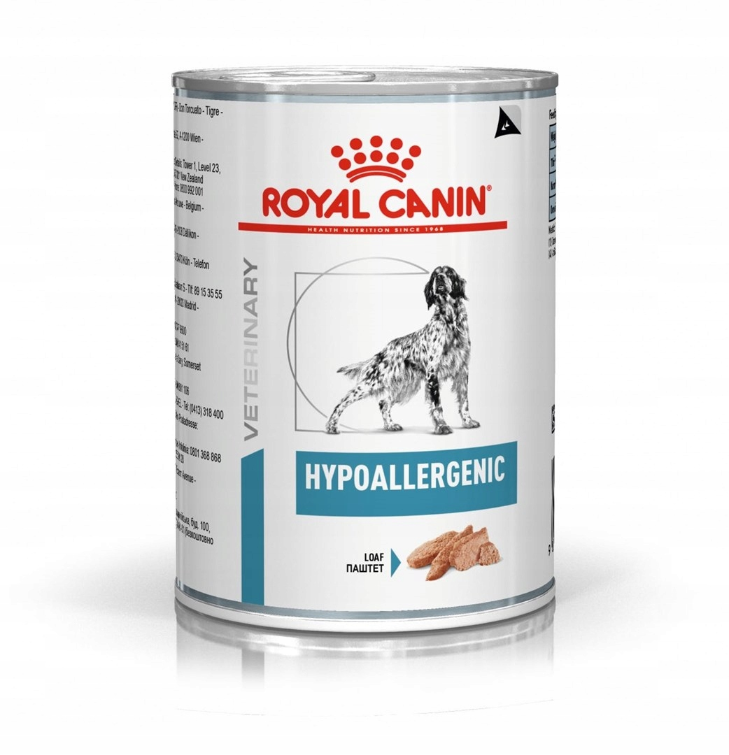 Una lata de comida para perros Royal Canin. Se muestra un perro. La etiqueta dice 'Hipoalergénico'.
