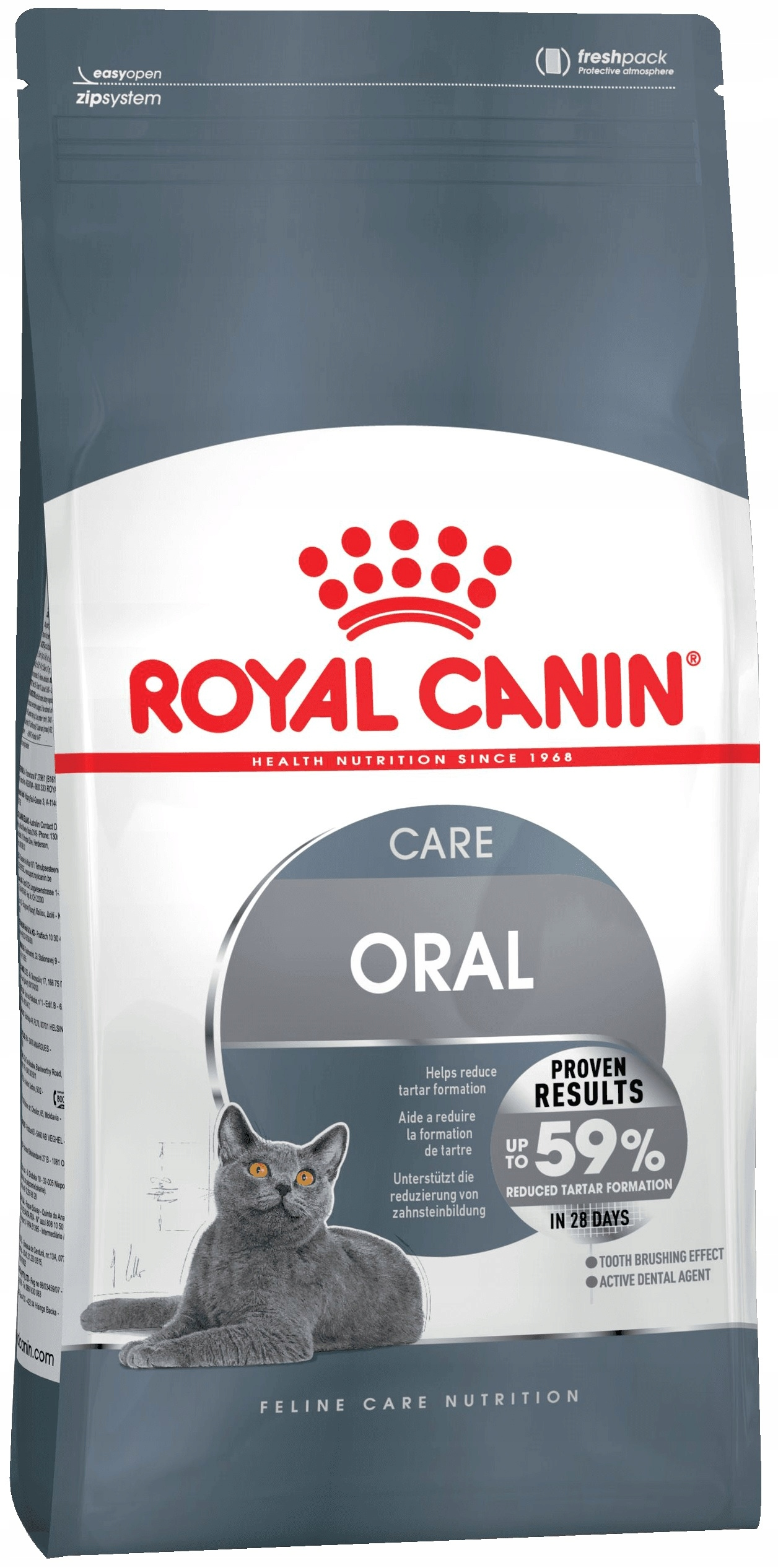Opakowanie karmy dla kotów z szarym kotem. Napis Royal Canin Oral Care, redukuje tworzenie się kamienia nazębnego.