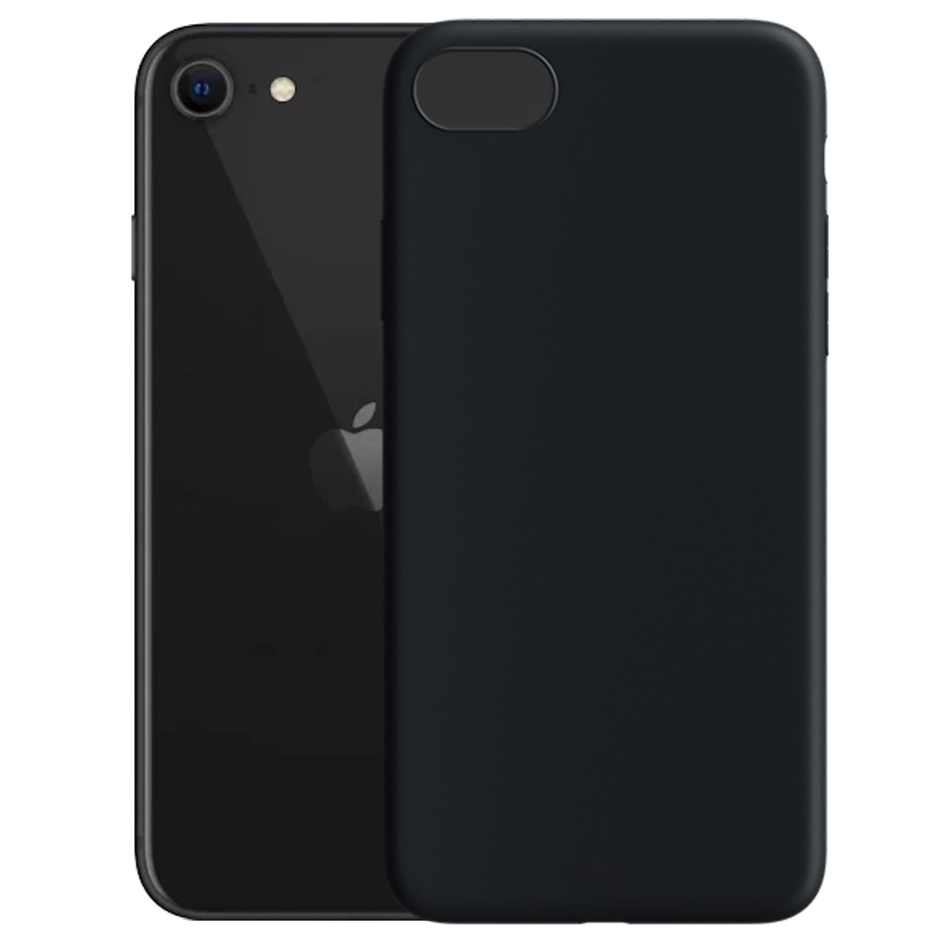 Czarny iPhone obok czarnego etui. iPhone ma logo Apple. Etui ma wycięcie na aparat.