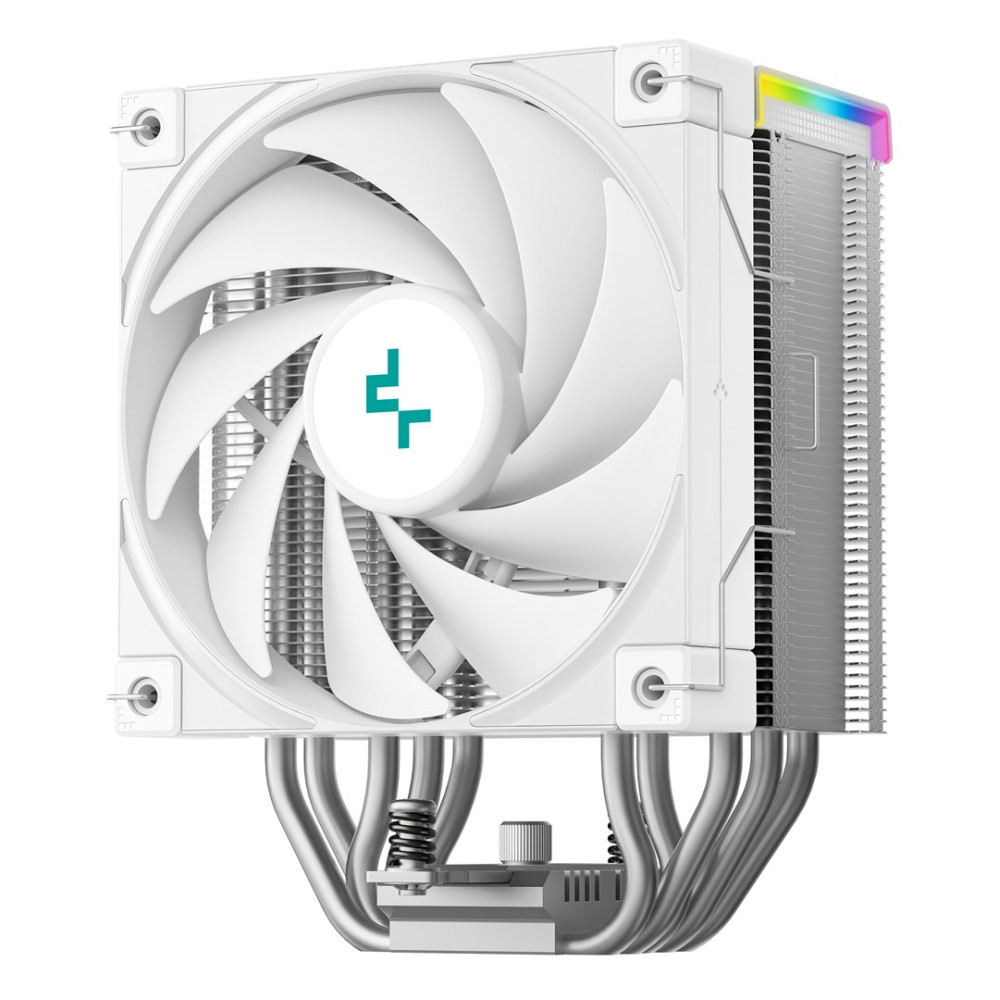 Ventilateur de CPU blanc avec ventilateur. Lames, dissipateur et tuyaux visibles. Logo DeepCool au centre. Lumières RVB en haut.
