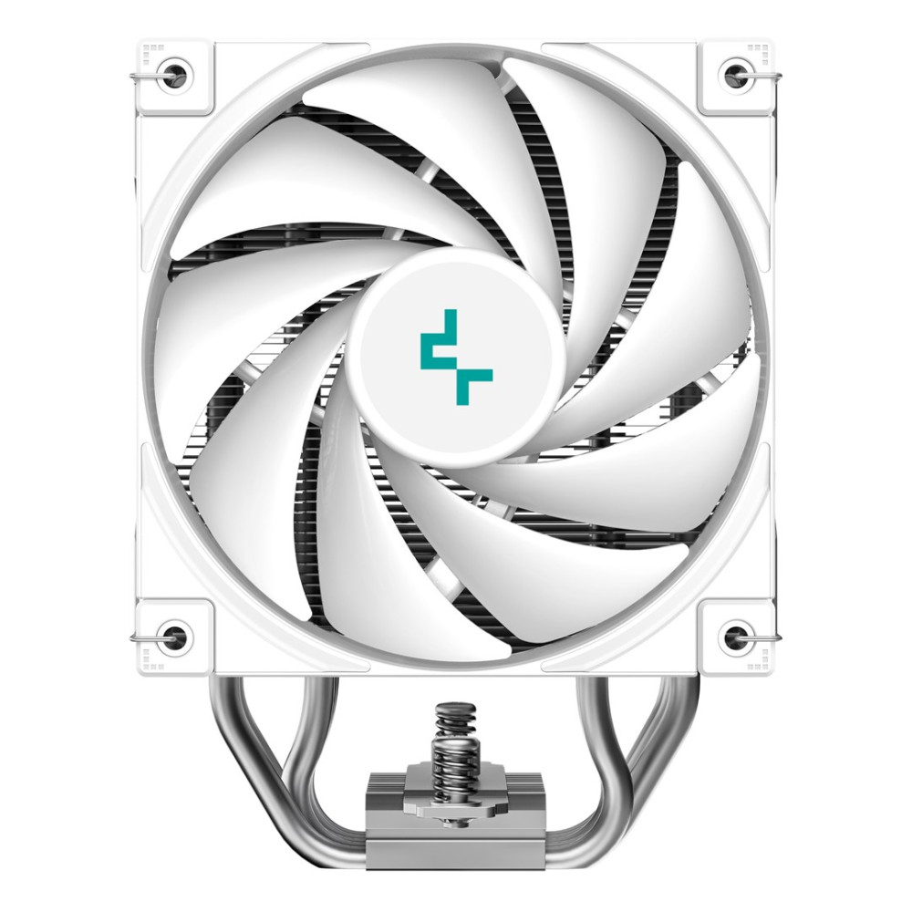 Un ventilateur d'ordinateur blanc avec des pales incurvées. Il possède un logo circulaire central avec un design sarcelle. Structure de support en métal argenté.