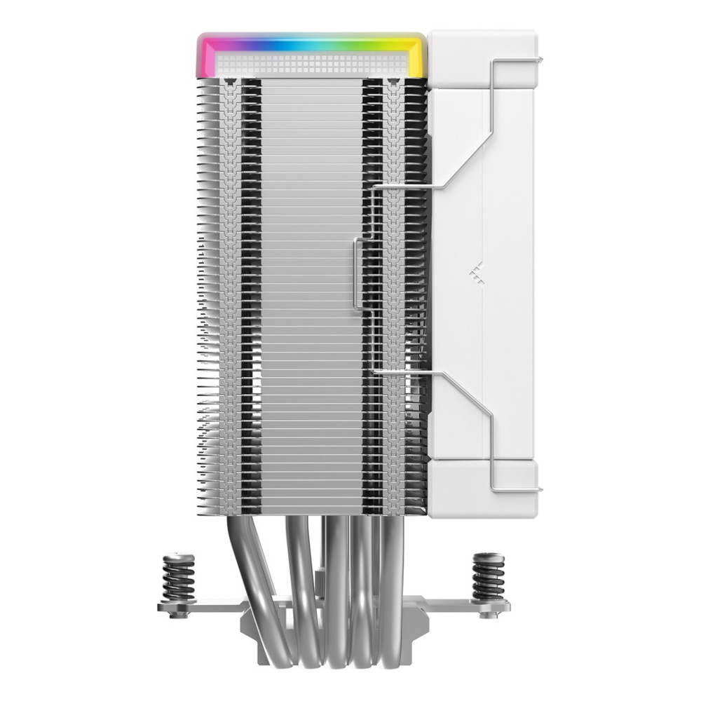 Un refroidisseur de CPU blanc et argenté. Il possède une pile d'ailettes, des tuyaux et un boîtier blanc avec une bande LED multicolore.