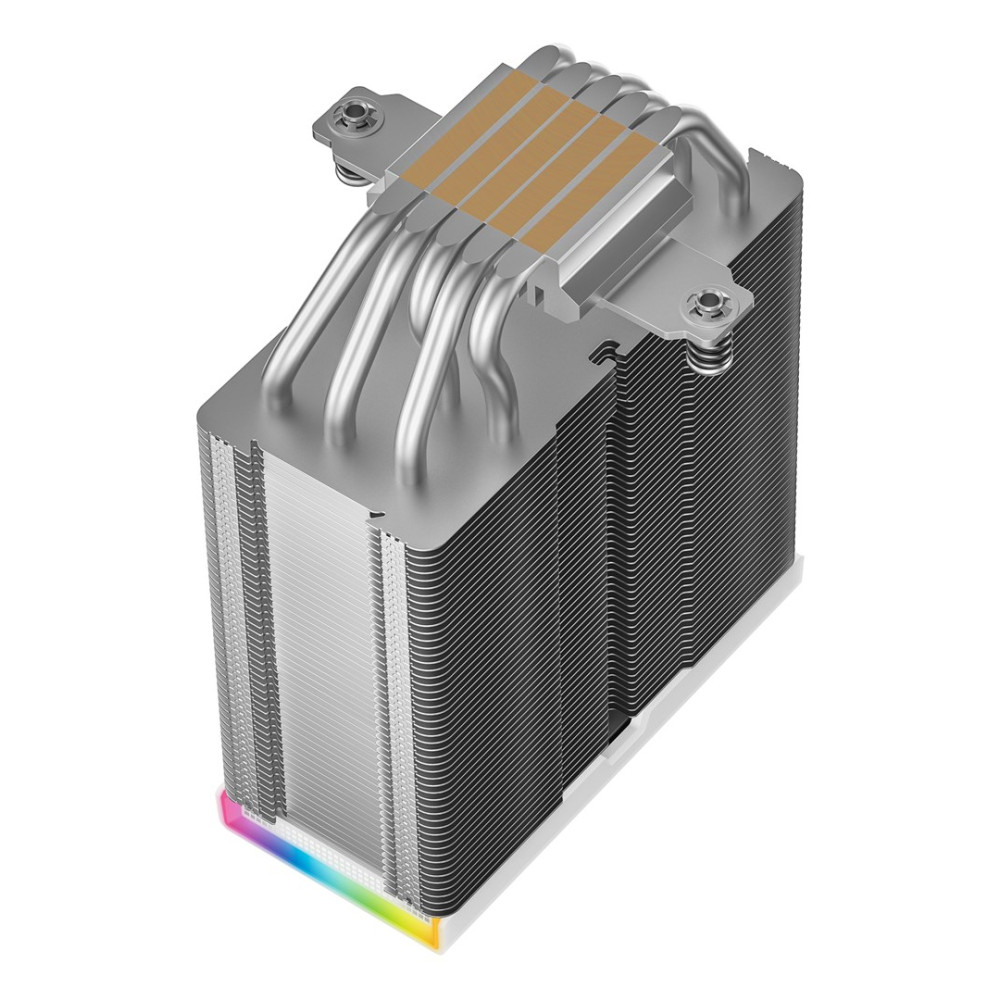 Un refroidisseur de CPU avec des ailettes, des caloducs et une LED arc-en-ciel en bas. Le refroidisseur est argenté et noir.