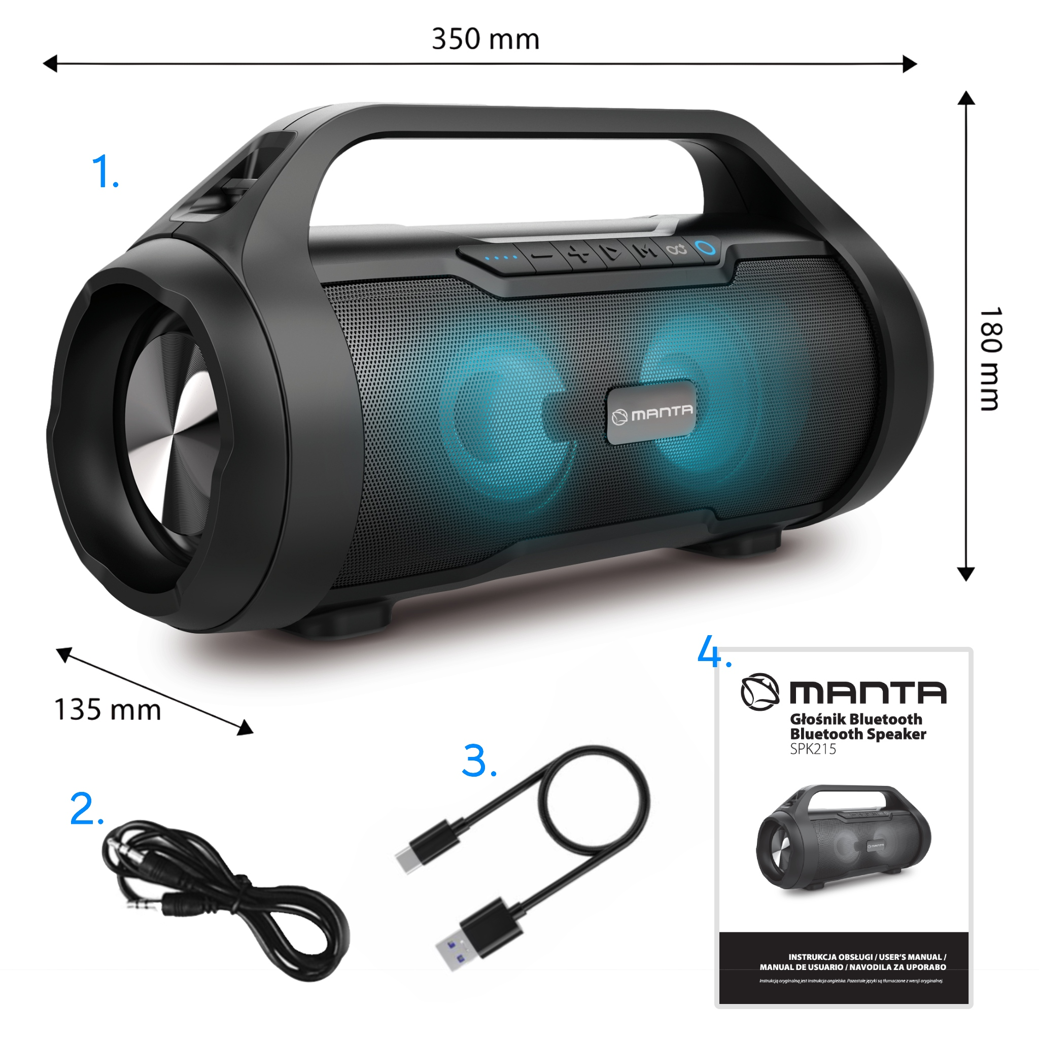 Czarny głośnik Bluetooth Manta z akcesoriami, w tym kablami i instrukcją, oraz określonymi wymiarami.