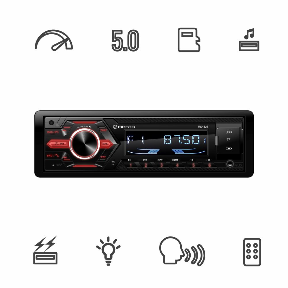 Radio samochodowe z wyświetlaczem cyfrowym pokazującym 87.501. Posiada przyciski i ikony dla funkcji takich jak USB, TF i AUX.