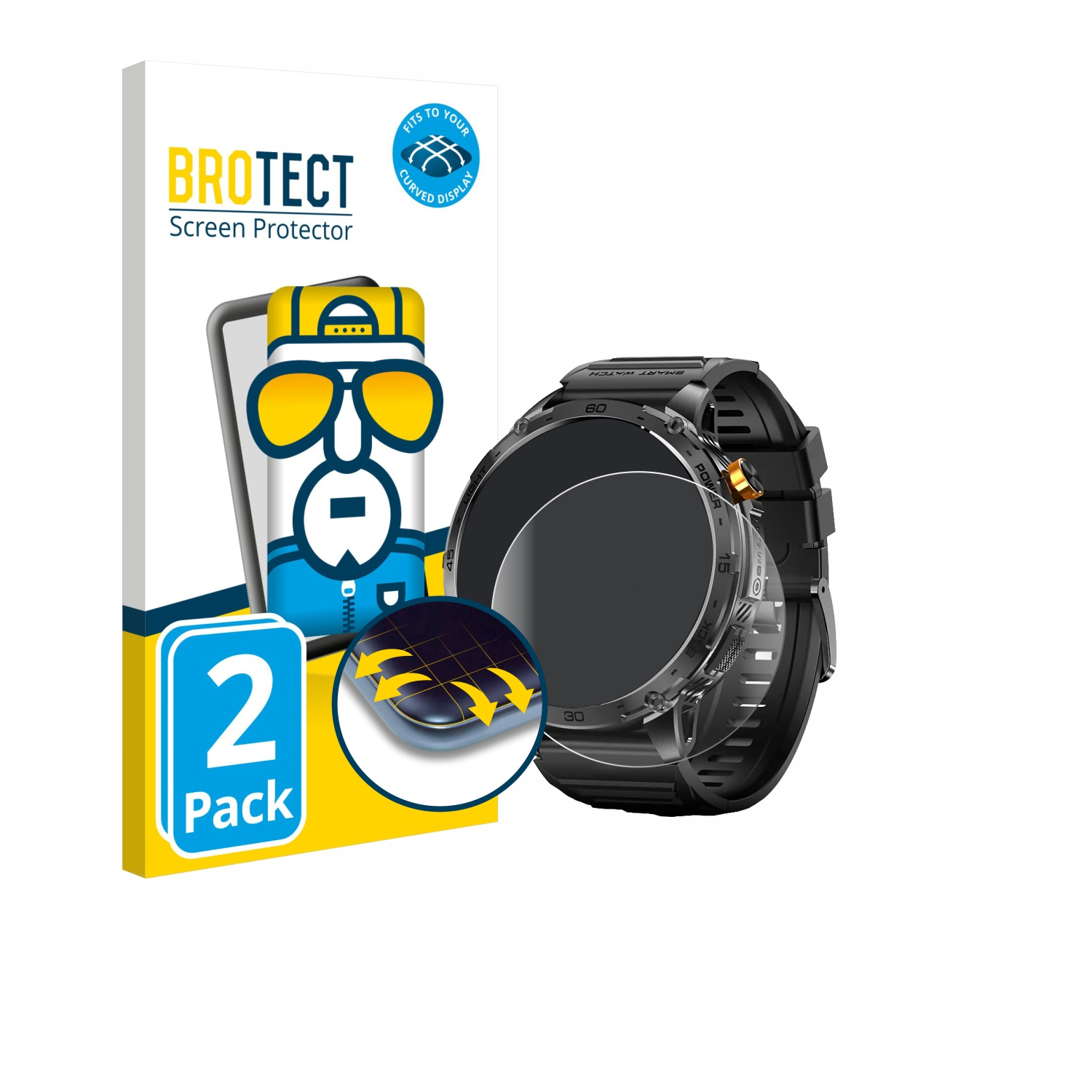 Eine Displayschutzfolienbox und eine Smartwatch werden angezeigt. Die Box zeigt eine Cartoonfigur und die Worte BROTECT Screen Protector.
