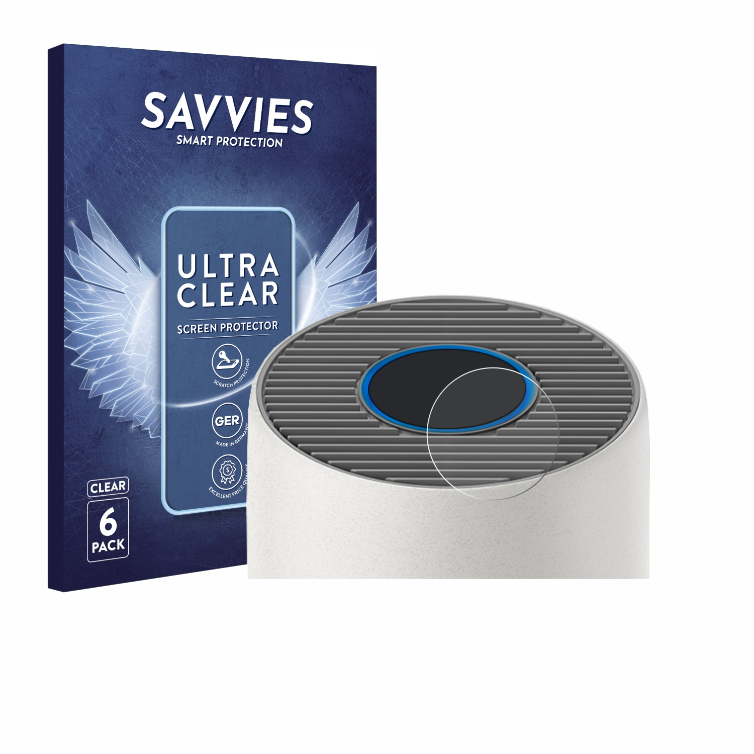 Eine Packung Displayschutzfolien mit dem SAVVIES-Logo und eine Handy-Displayschutzfolie. Ein weißes Gerät mit blauem Kreis ist sichtbar.