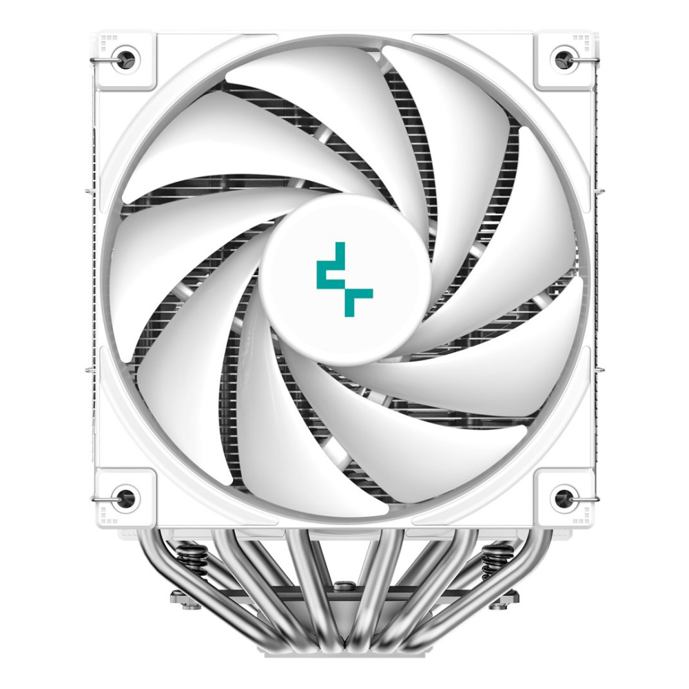 Biały wentylator komputerowy z zakrzywionymi łopatkami. Środek ma turkusowe logo. Srebrne rury i elementy montażowe są widoczne na dole.