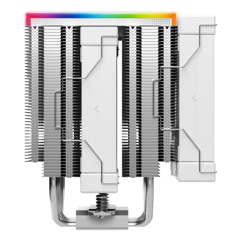 Białe chłodzenie procesora z wielokolorowym paskiem LED na górze. Ma wiele srebrnych żeber i dwa białe bloki.
