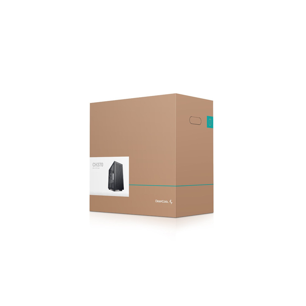 Brązowe kartonowe pudełko ze zdjęciem produktu. Produkt to czarna obudowa komputera. Pudełko ma niebieski pasek.