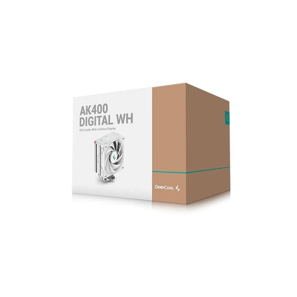 Pudełko z chłodzeniem procesora. Przód zawiera tekst 'AK400 DIGITAL WH' i obraz chłodzenia. Prawy bok jest brązowy.