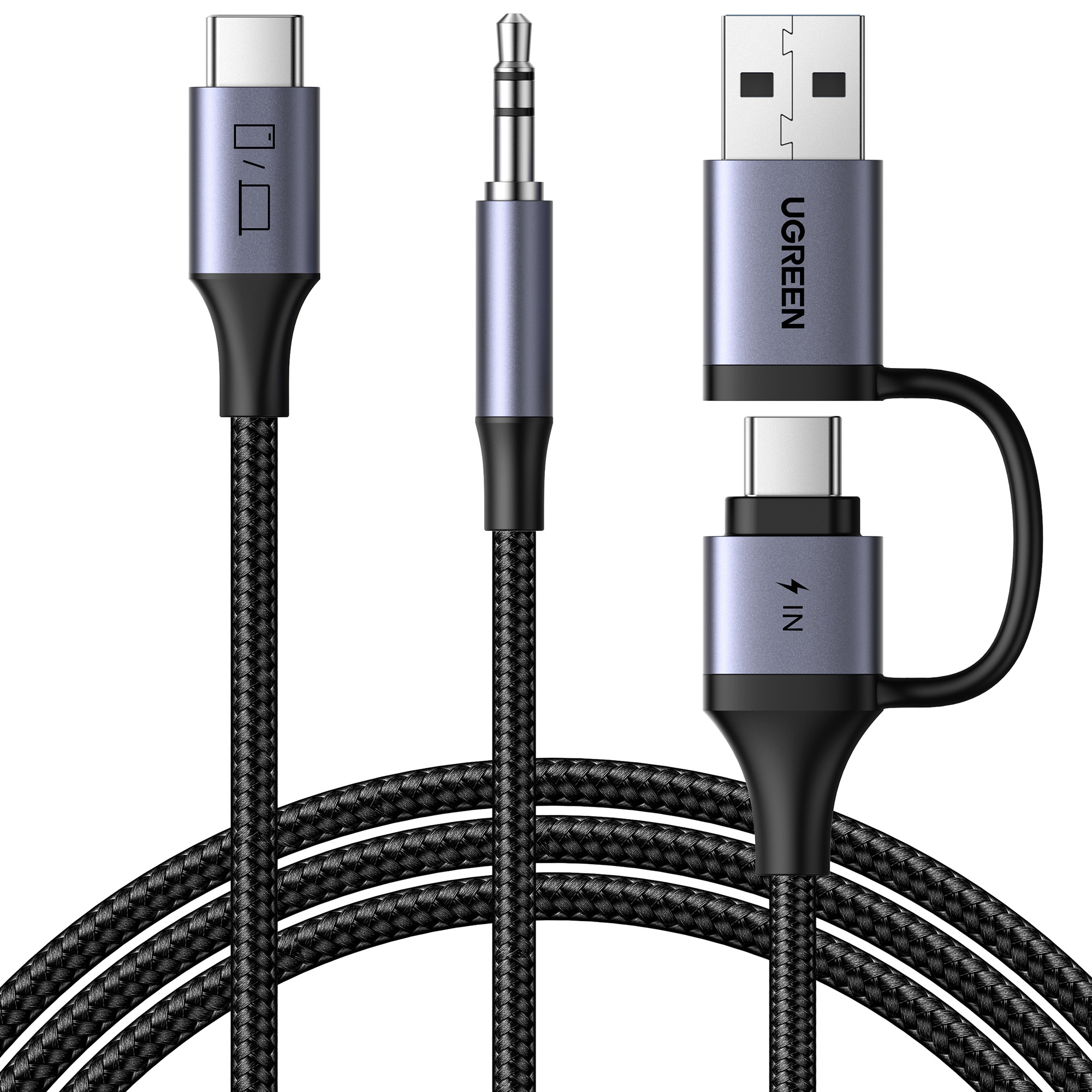 Adapter USB-C UGREEN z złączami USB-A, USB-C i jack 3,5 mm oraz plecionymi kablami, na białym tle.