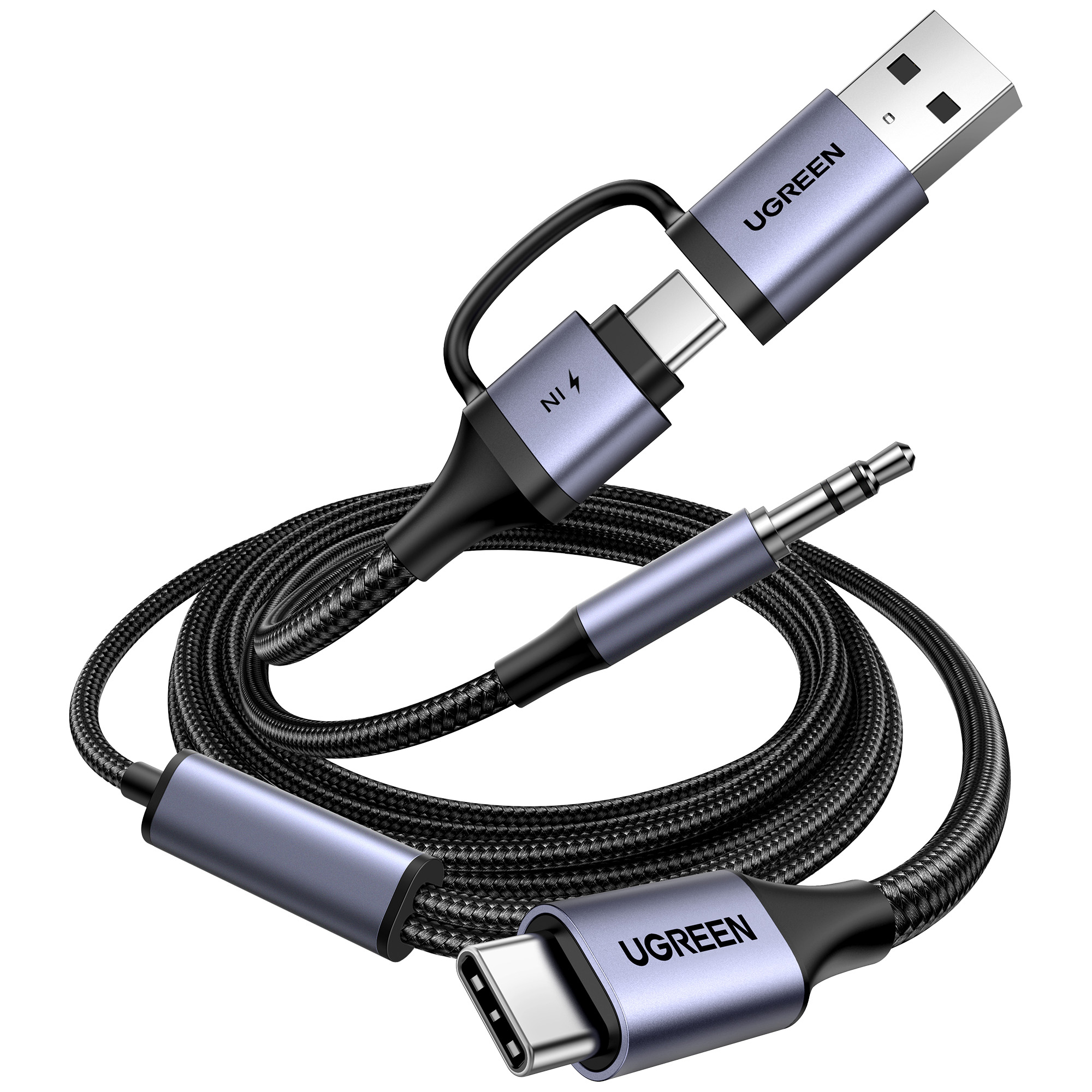 Kabel USB-C UGREEN ze złączami USB-A, USB-C i gniazdem audio. Czarny pleciony kabel.