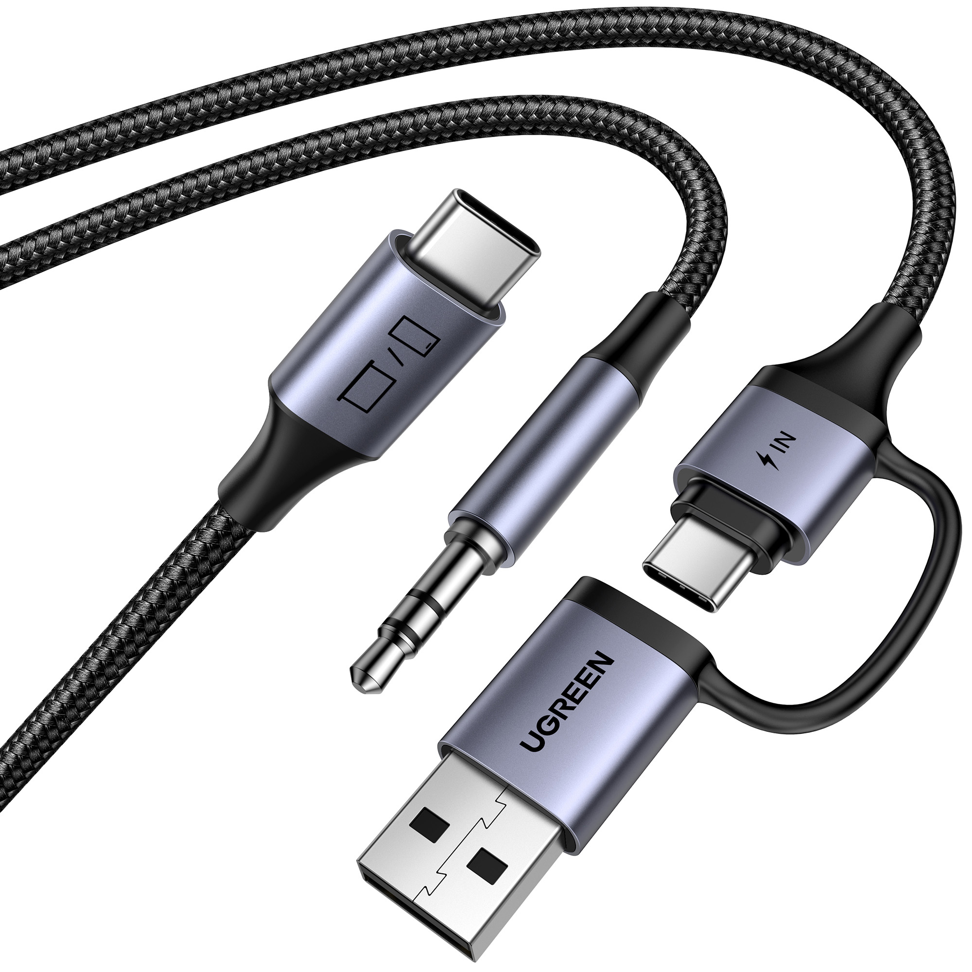 Kabel z wieloma złączami z USB, gniazdem 3,5 mm i dwoma złączami USB-C. Czarny pleciony kabel z szarymi metalicznymi głowicami złącza.