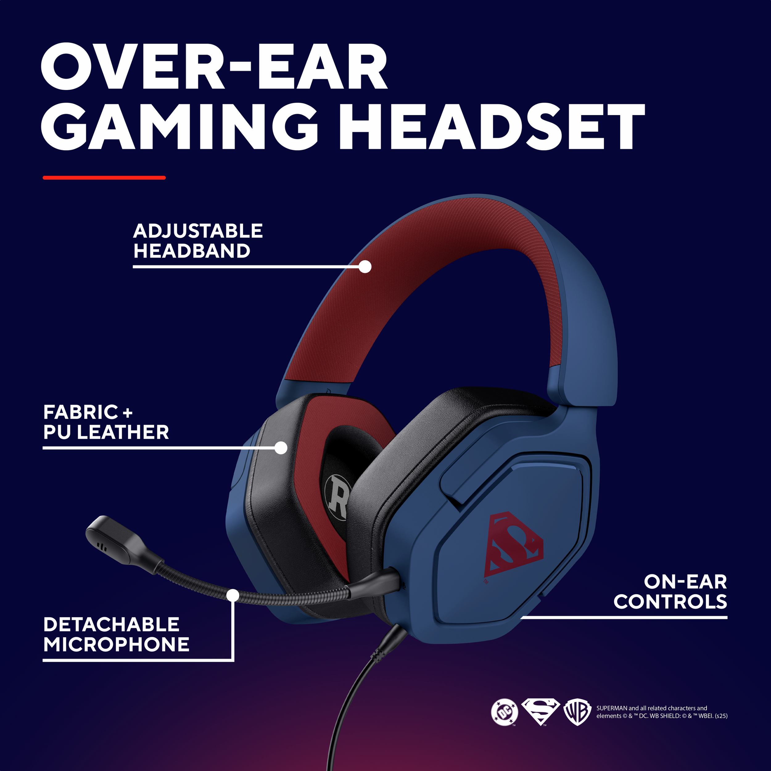 Blau-rotes Gaming-Headset mit Superman-Logo, verstellbarem Kopfbügel, abnehmbarem Mikrofon und On-Ear-Bedienelementen.