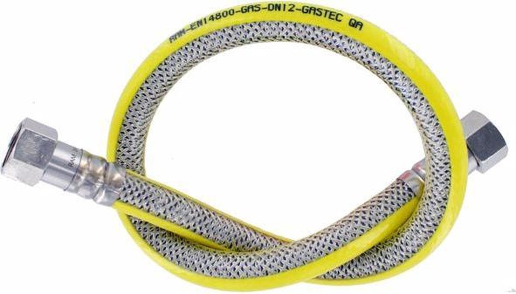 A yellow and silver gas hose, bent into a loop. Metal connectors are on each end. The hose is against a white background.