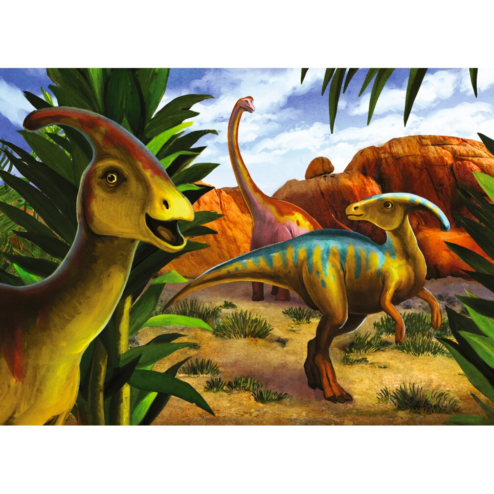 Trois dinosaures dans un cadre préhistorique. L'un est proche, d'autres sont à l'arrière-plan, près de formations rocheuses rouges et de plantes vertes.