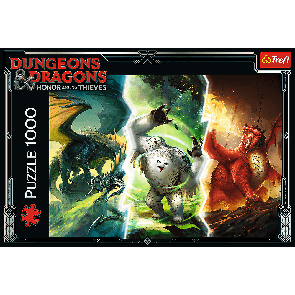 Pudełko puzzli Dungeons & Dragons. Zawiera smoki i białe stworzenie. Tytuł: Honor Among Thieves. Marka: Trefl. Puzzle 1000.