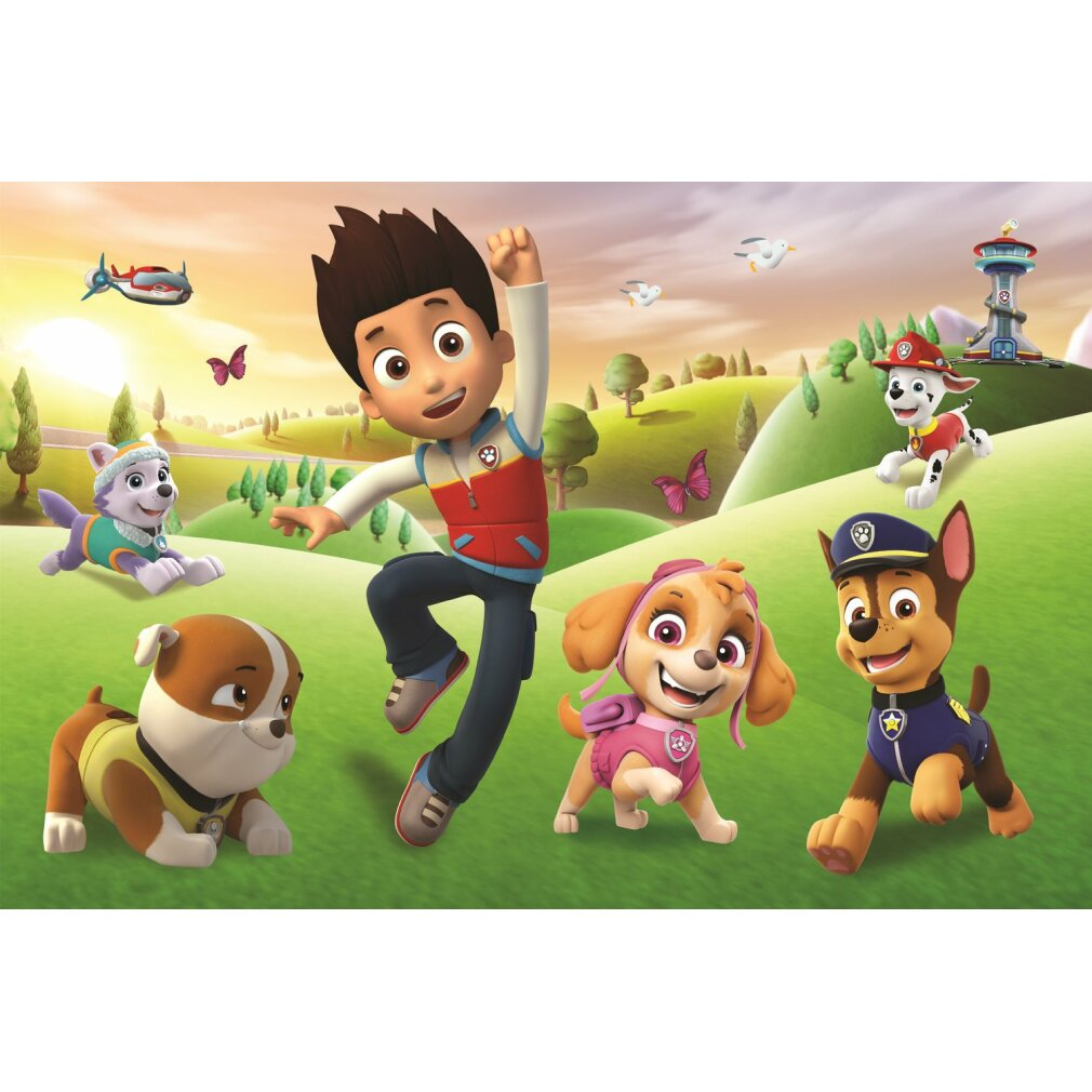 Une image de dessin animé des personnages de la Pat' Patrouille avec Ryder. Ils sont sur une colline verte avec une tour en arrière-plan.