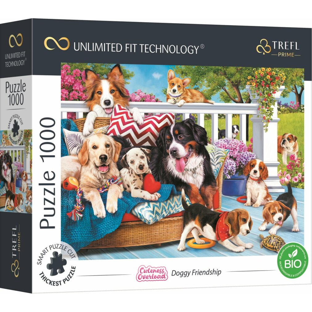 Een puzzel met veel honden van verschillende rassen op een veranda, waaronder een Dalmatische hond, Beagle, Golden Retriever en een Corgi.