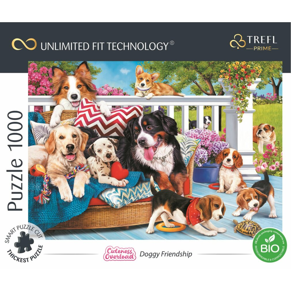 Een puzzelafbeelding van verschillende honden op een veranda. Honden zijn onder meer een golden retriever, dalmatiër, beagle en anderen, met bloemen op de achtergrond.