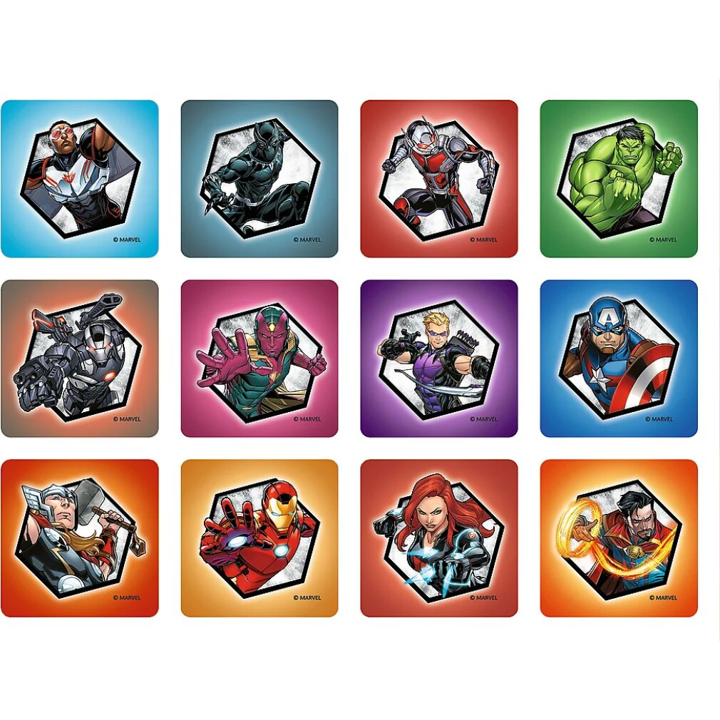 Arkusz naklejek z postaciami Marvela, w tym Kapitan Ameryka, Iron Man, Czarna Pantera, Hulk i inni, każdy w sześciokątnej ramce.