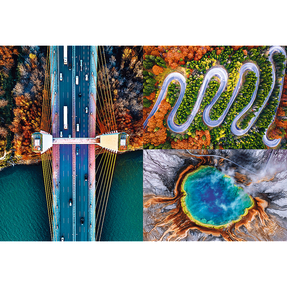 Collage aérea: puente, carretera sinuosa a través de árboles de otoño y una fuente termal colorida. Coches en el puente.