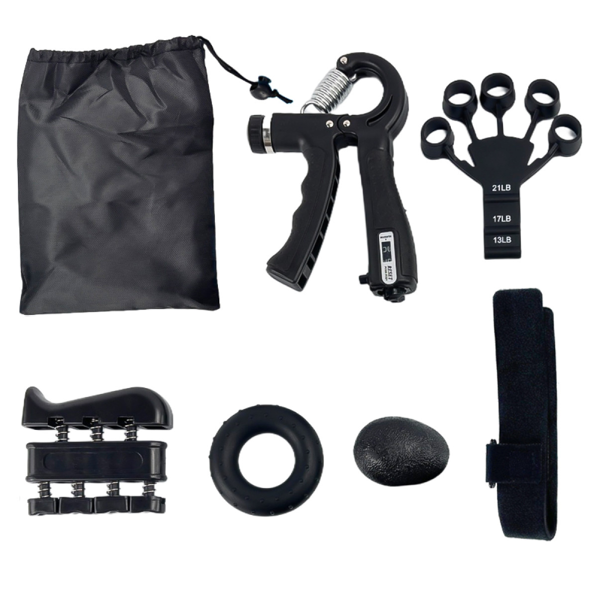 Set di allenamento per presa manuale nero su sfondo bianco. Include un potenziatore per la presa, un esercitatore per le dita e altri attrezzi.
