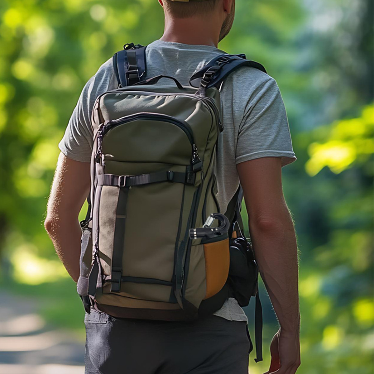 Un uomo con uno zaino cammina su un sentiero nel bosco. Lo zaino è verde e nero. Gli alberi sono sullo sfondo.